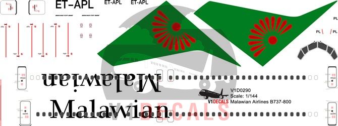 V1 Decals Boeing 737-800 Malawian Airlines for 1/144 Revell Model Airplane Kit 