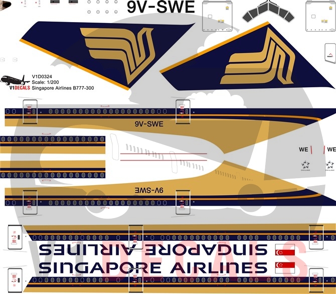 V1 Decals Boeing 777-300 Singapore Airlines for 1/144 Minicraft Kit V1D0324 