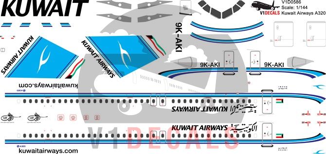 V1 Decals Airbus A320 Kuwait Airways for 1/144 Revell Model Airplane Kit V1D0586 